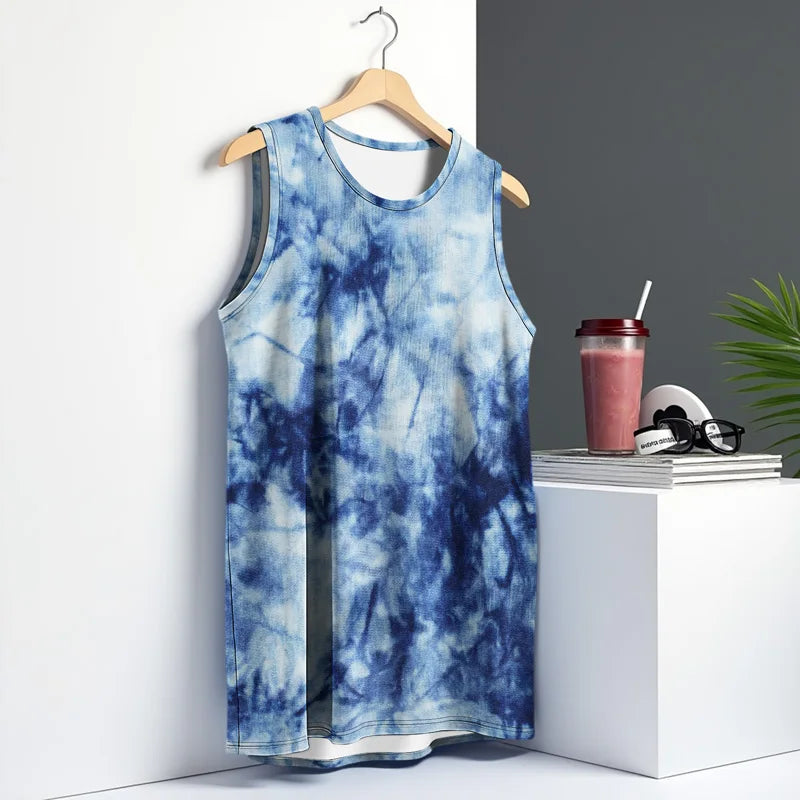 Street Fashion Ink Splash Mens Vest Round Neck Sleeveless Printed Tshirt Daily Outdoor Sports Fitness Running Top Art Gradient