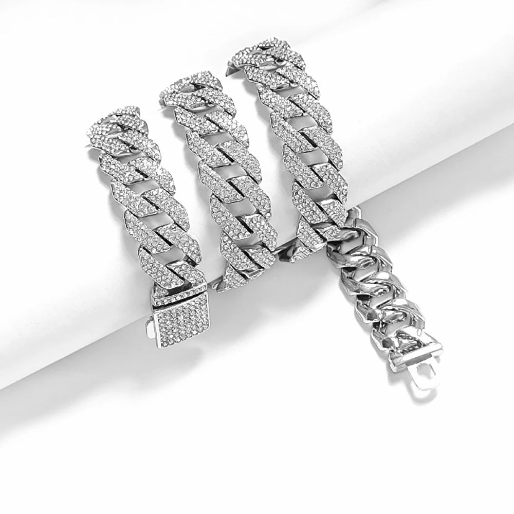 16MM Cuban Chain Watch for Men Hip Hop 3pcs Miami Iced Out Paved Rhinestones Rapper Cuban Necklace Suit Watch+Bracelet Jewelry