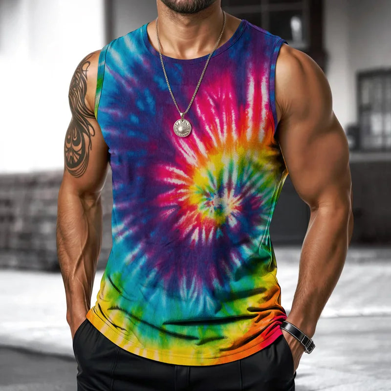Street Fashion Ink Splash Mens Vest Round Neck Sleeveless Printed Tshirt Daily Outdoor Sports Fitness Running Top Art Gradient