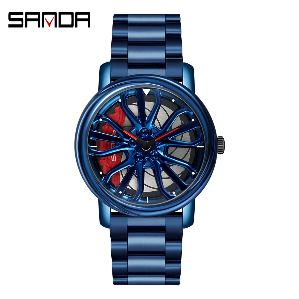 Men Fashion Hot Sell Car Rim Wristwatch 360 Degree Rotating Wheel Rim Dial Watches Stainless Steel Waterproof Sport Quartz Clock
