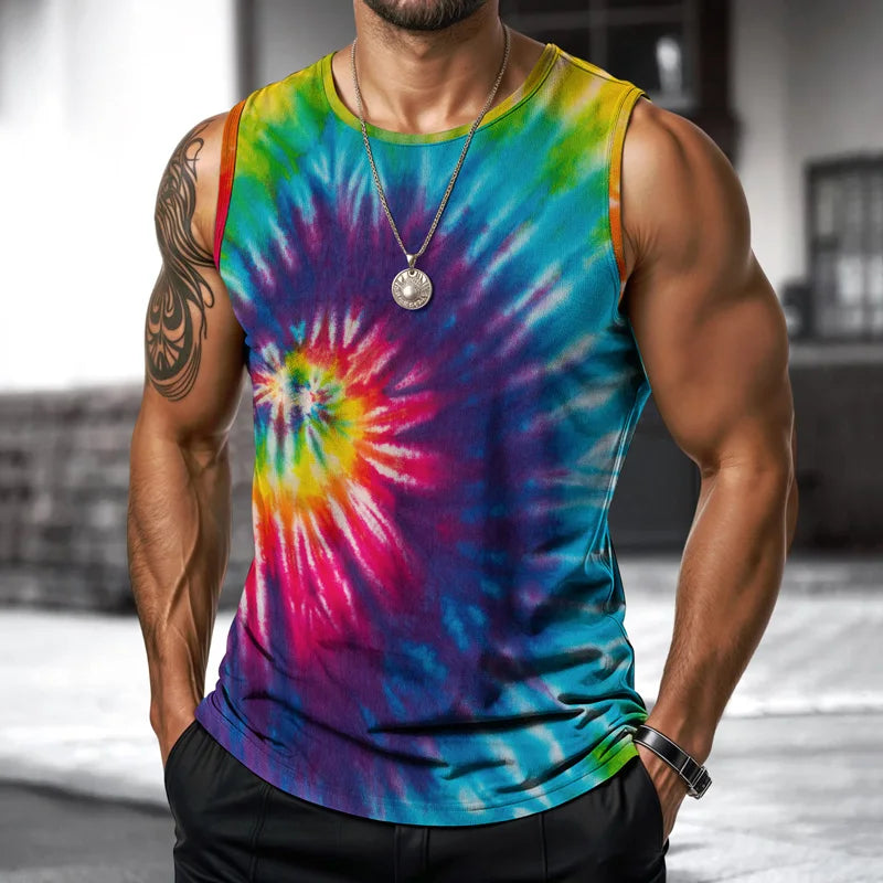 Street Fashion Ink Splash Mens Vest Round Neck Sleeveless Printed Tshirt Daily Outdoor Sports Fitness Running Top Art Gradient
