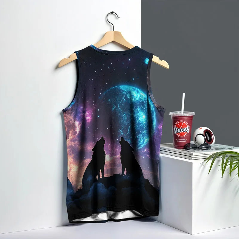 Men Summer Vest Street Wolf Fashion Round Neck Sleeveless Printed Animal Graphic T Shirt For Outdoor Sports Fitness Running Work