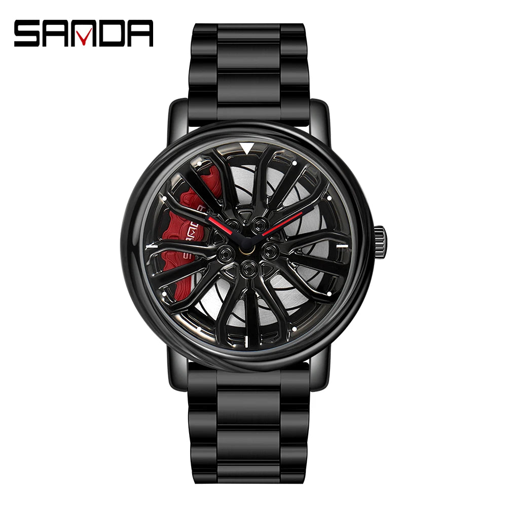 Men Fashion Hot Sell Car Rim Wristwatch 360 Degree Rotating Wheel Rim Dial Watches Stainless Steel Waterproof Sport Quartz Clock