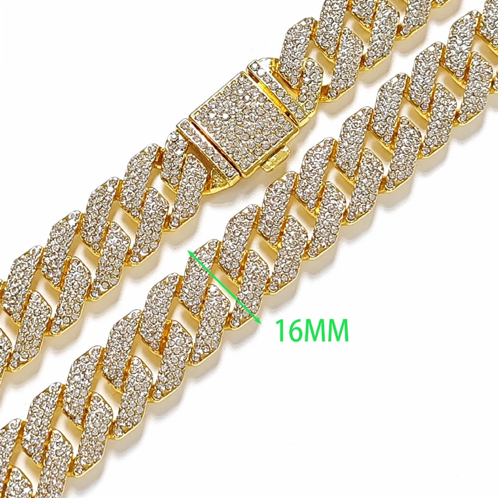 16MM Cuban Chain Watch for Men Hip Hop 3pcs Miami Iced Out Paved Rhinestones Rapper Cuban Necklace Suit Watch+Bracelet Jewelry