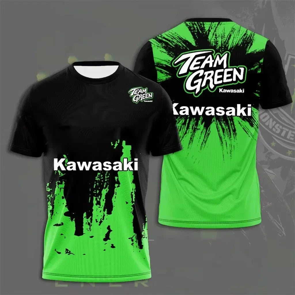 2025 New Round Neck 3D Printed Men's T-shirt Kawasaki Motorcycle Uniform, Suitable for Daily Outdoor Sportswear, Sweat Wicking