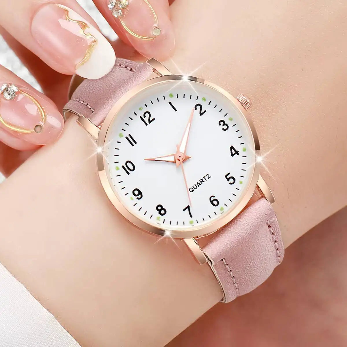 1/3/4/5PCS Fashion Arabic Dial Women Quartz Watch Casual Leather Strap Wristwatch for Girls Clock Gift(Without Box)