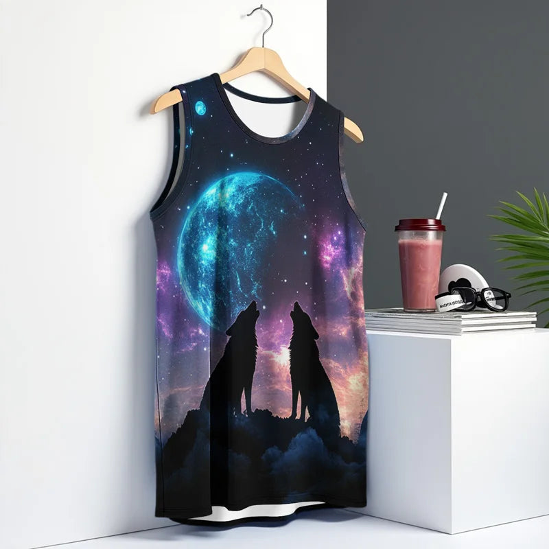 Men Summer Vest Street Wolf Fashion Round Neck Sleeveless Printed Animal Graphic T Shirt For Outdoor Sports Fitness Running Work