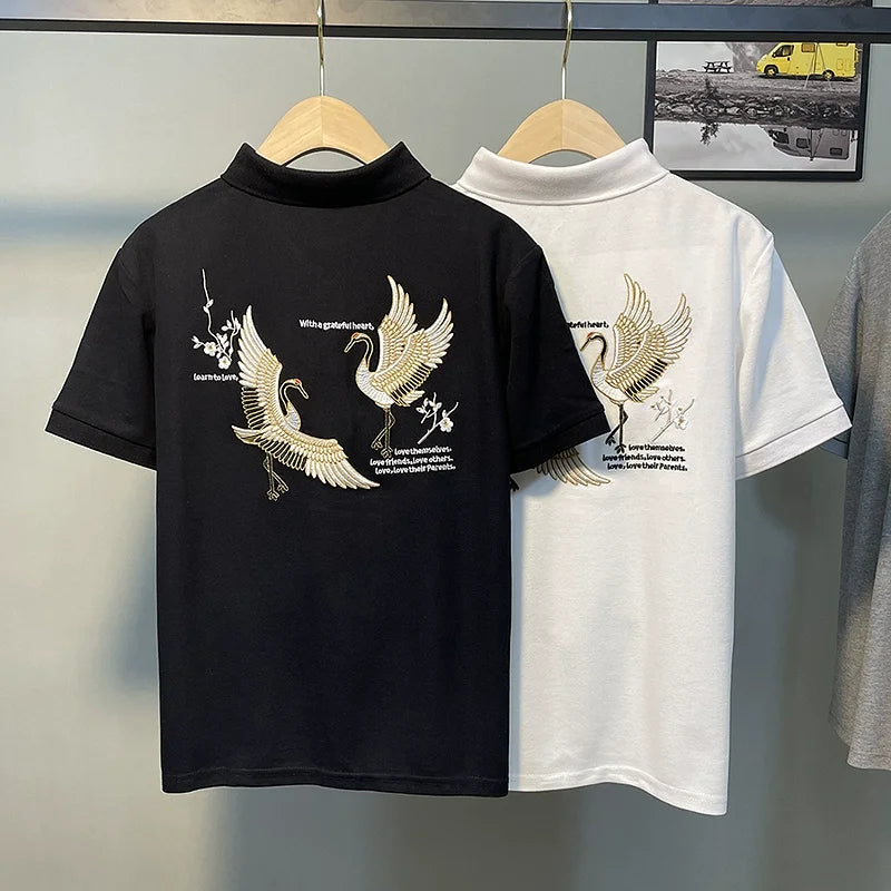 KajiapoloMen's Short Sleeve Shirt Hot-Selling Crane Embroidery Street Fashion Brand Youth Fashion Men's Turn-Down Collar Summer