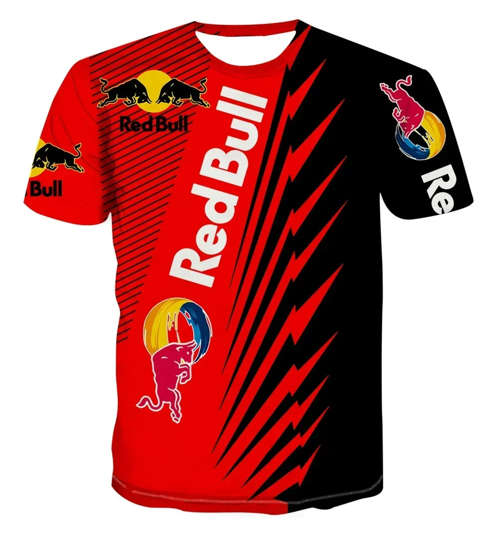 New Fashion 2025 Red Bull Graphic Print Summer T-shirt Racing Outdoor Extreme Sports Men's Street Casual Round Neck T-shirt