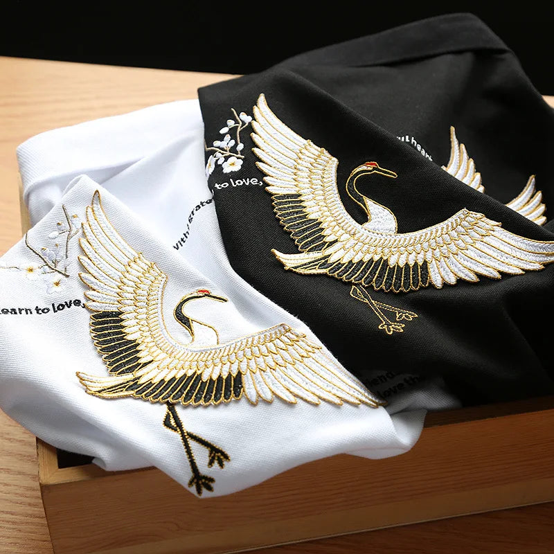 KajiapoloMen's Short Sleeve Shirt Hot-Selling Crane Embroidery Street Fashion Brand Youth Fashion Men's Turn-Down Collar Summer