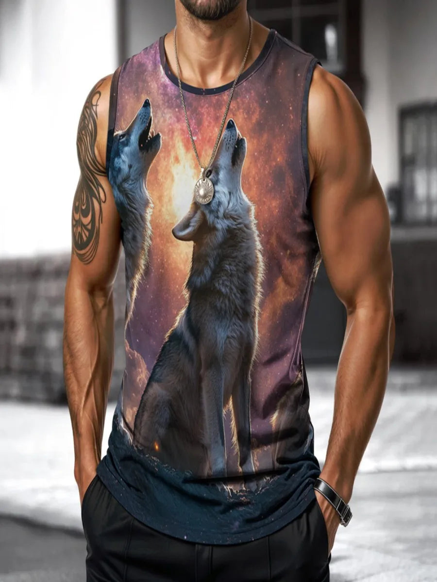 Men Summer Vest Street Wolf Fashion Round Neck Sleeveless Printed Animal Graphic T Shirt For Outdoor Sports Fitness Running Work