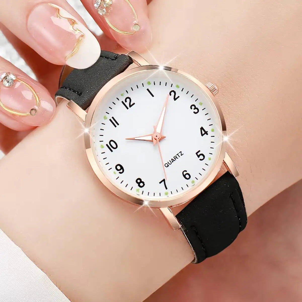 1/3/4/5PCS Fashion Arabic Dial Women Quartz Watch Casual Leather Strap Wristwatch for Girls Clock Gift(Without Box)