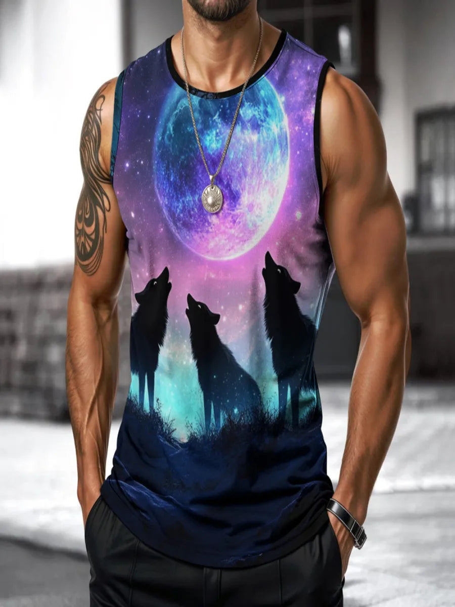 Men Summer Vest Street Wolf Fashion Round Neck Sleeveless Printed Animal Graphic T Shirt For Outdoor Sports Fitness Running Work