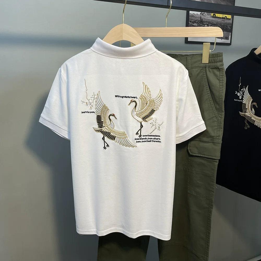KajiapoloMen's Short Sleeve Shirt Hot-Selling Crane Embroidery Street Fashion Brand Youth Fashion Men's Turn-Down Collar Summer