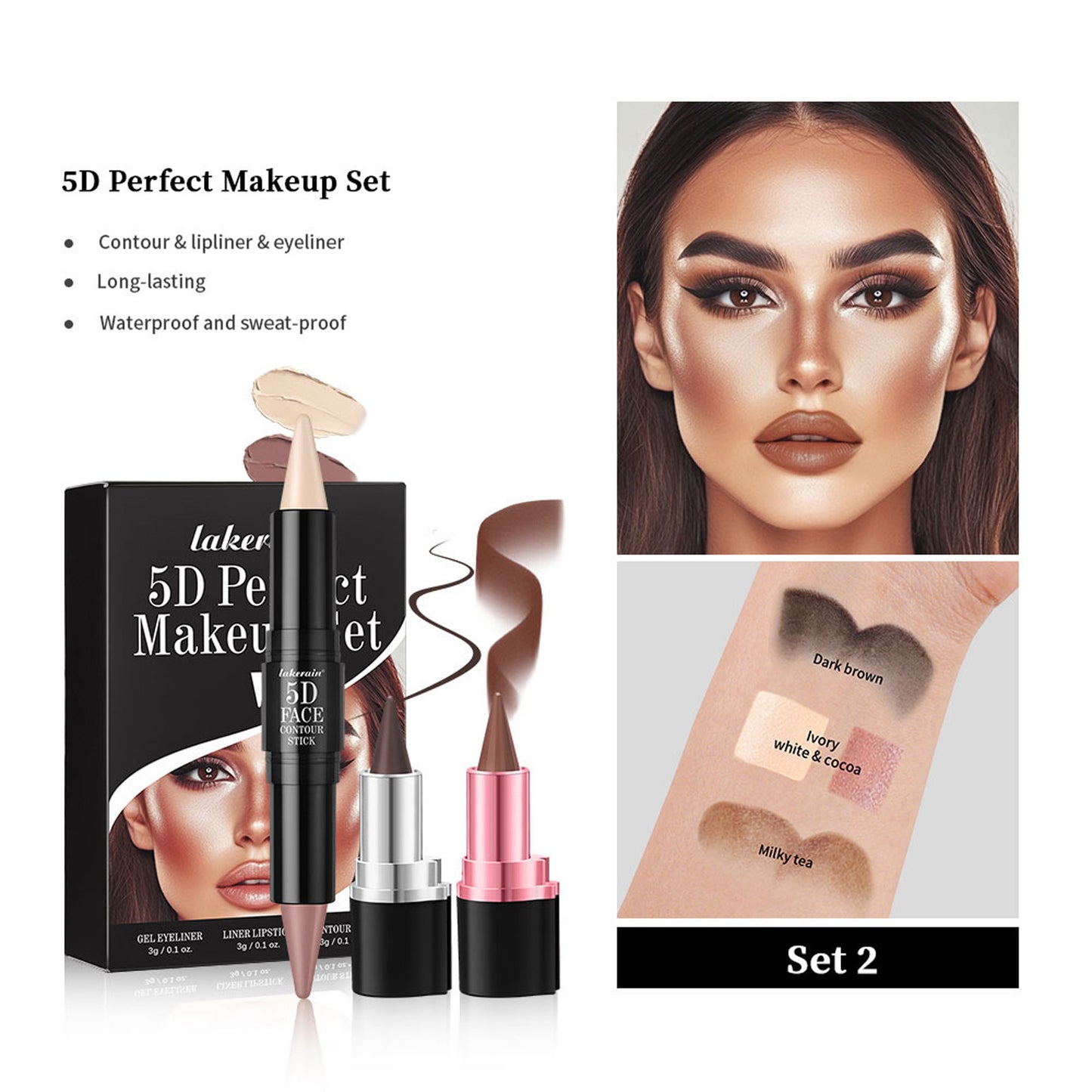 3 PCs Lipstick Lip Liner Eyeliner Highlight Contour Stick Suit 5D Face Makeup Set Suit