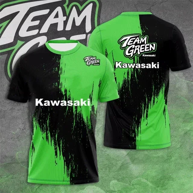 2025 New Round Neck 3D Printed Men's T-shirt Kawasaki Motorcycle Uniform, Suitable for Daily Outdoor Sportswear, Sweat Wicking