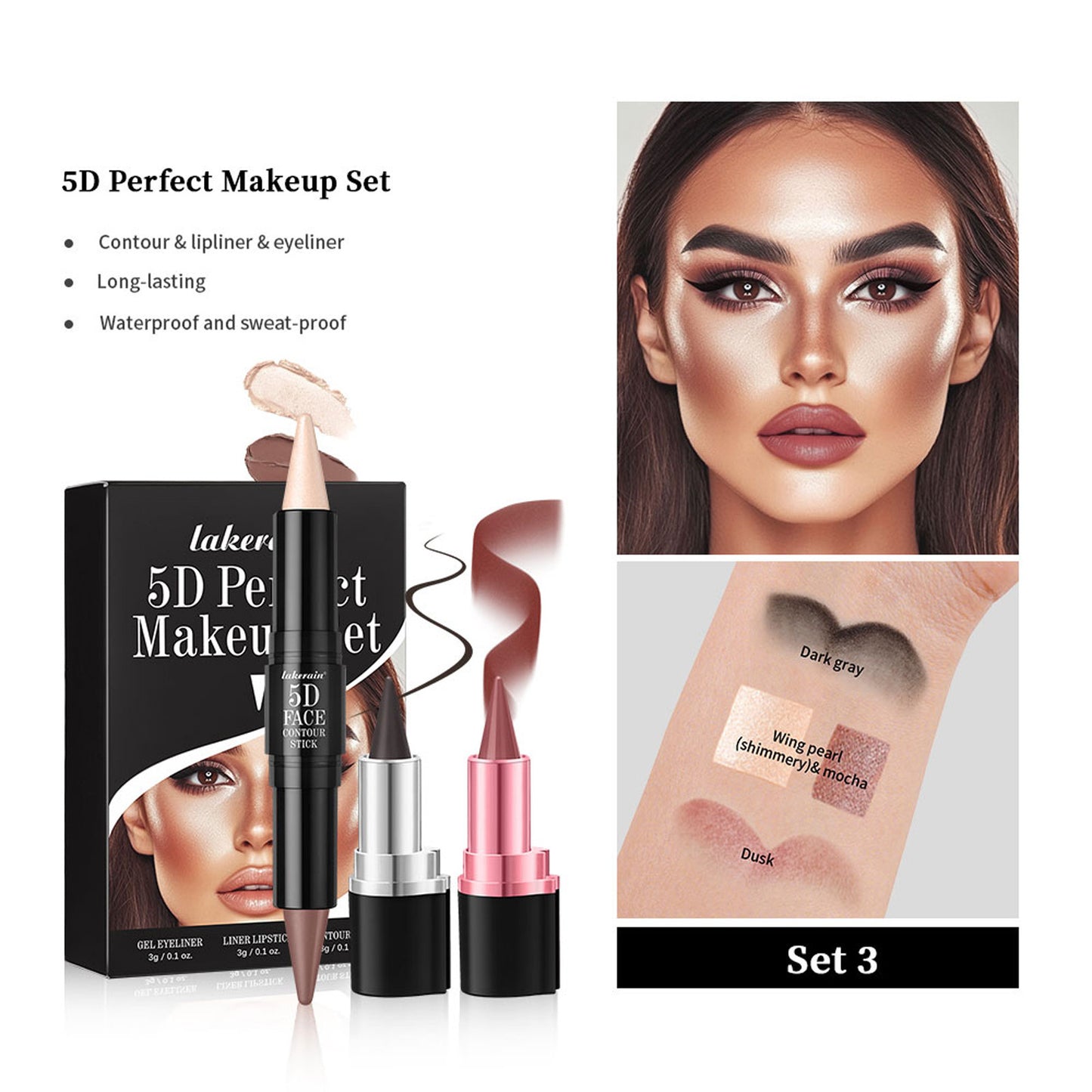 3 PCs Lipstick Lip Liner Eyeliner Highlight Contour Stick Suit 5D Face Makeup Set Suit