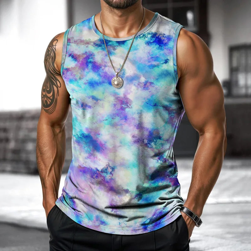 Street Fashion Ink Splash Mens Vest Round Neck Sleeveless Printed Tshirt Daily Outdoor Sports Fitness Running Top Art Gradient