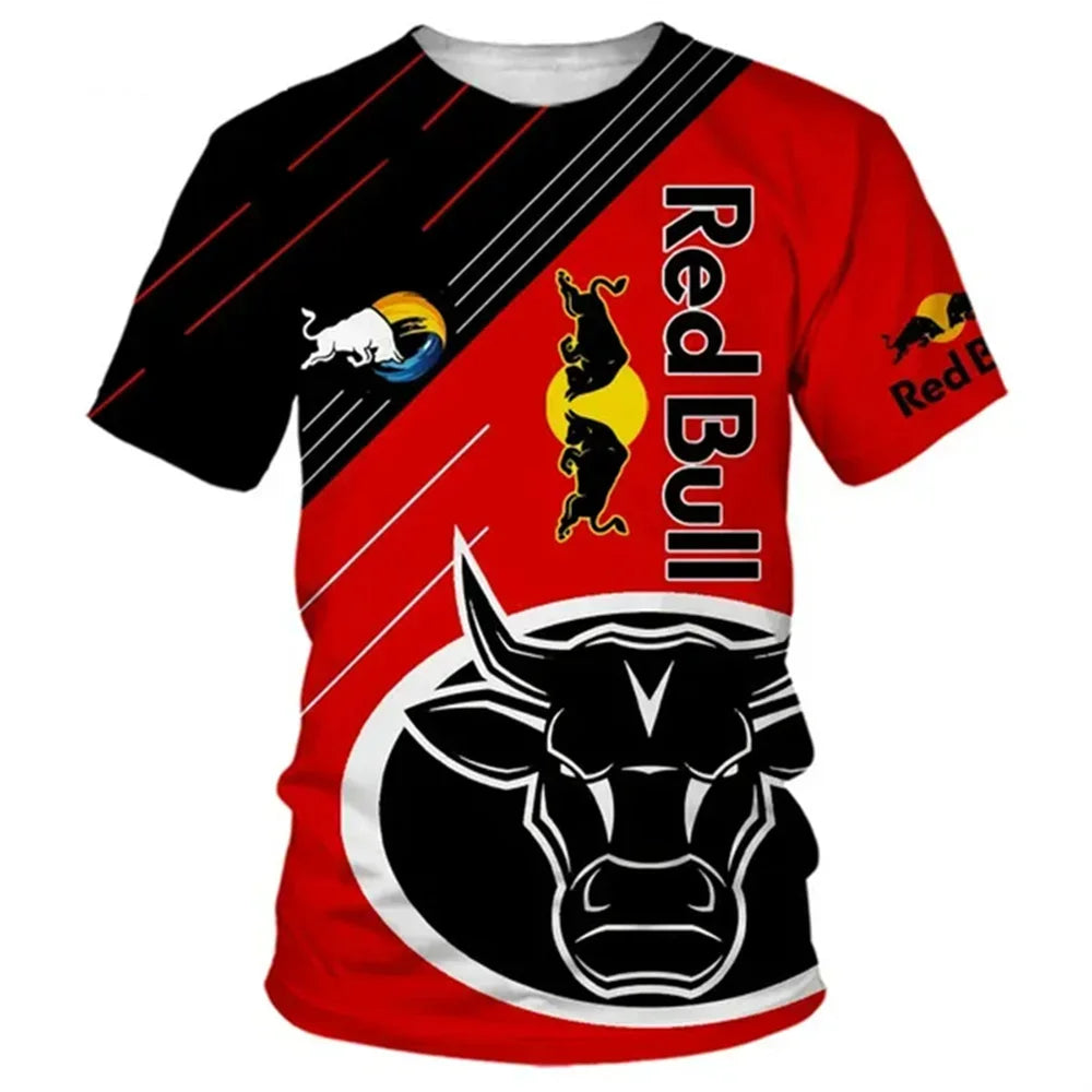 New Fashion 2025 Red Bull Graphic Print Summer T-shirt Racing Outdoor Extreme Sports Men's Street Casual Round Neck T-shirt