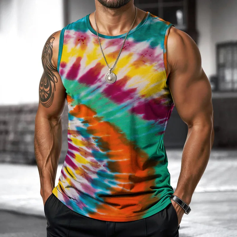 Street Fashion Ink Splash Mens Vest Round Neck Sleeveless Printed Tshirt Daily Outdoor Sports Fitness Running Top Art Gradient
