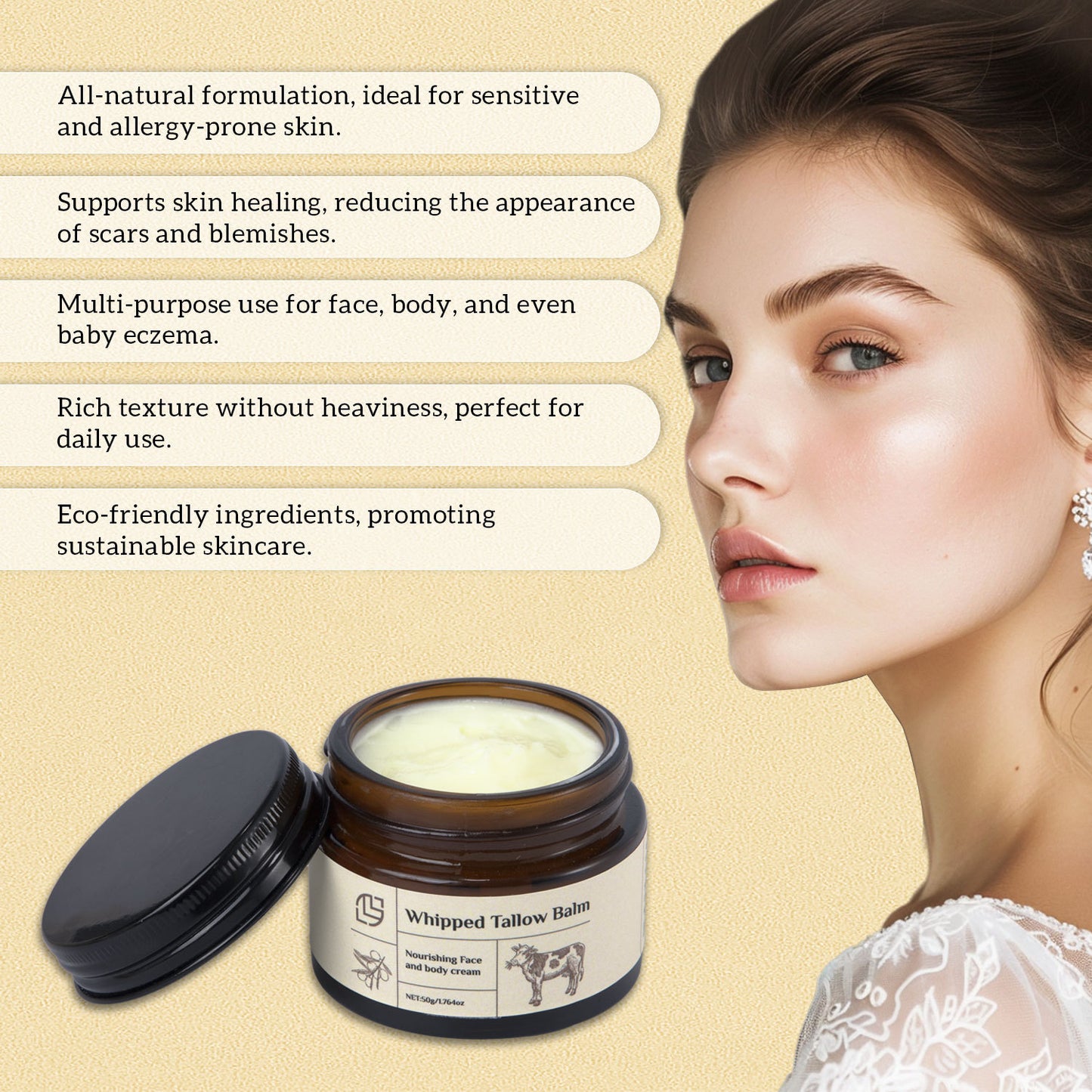Beef Fat Cream 50g Whipped Tallow Balm Gentle Moisturizing