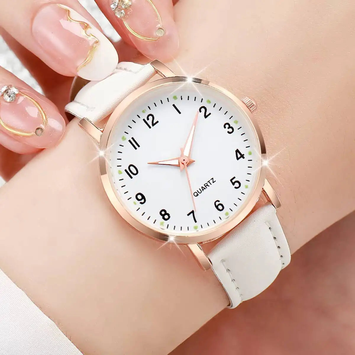 1/3/4/5PCS Fashion Arabic Dial Women Quartz Watch Casual Leather Strap Wristwatch for Girls Clock Gift(Without Box)