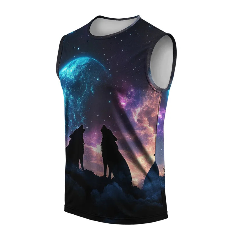 Men Summer Vest Street Wolf Fashion Round Neck Sleeveless Printed Animal Graphic T Shirt For Outdoor Sports Fitness Running Work