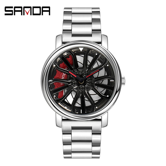 Men Fashion Hot Sell Car Rim Wristwatch 360 Degree Rotating Wheel Rim Dial Watches Stainless Steel Waterproof Sport Quartz Clock