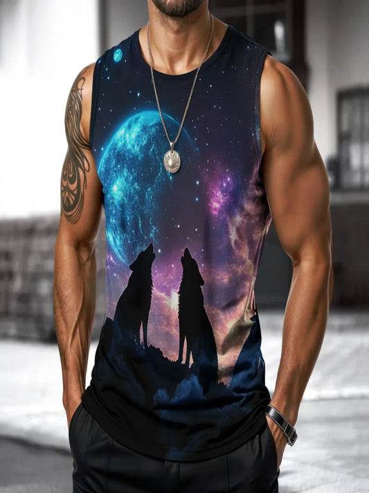 Men Summer Vest Street Wolf Fashion Round Neck Sleeveless Printed Animal Graphic T Shirt For Outdoor Sports Fitness Running Work