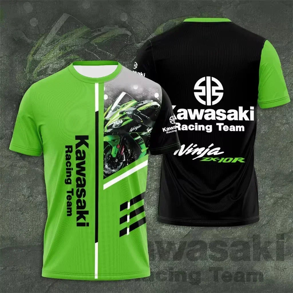 2025 New Round Neck 3D Printed Men's T-shirt Kawasaki Motorcycle Uniform, Suitable for Daily Outdoor Sportswear, Sweat Wicking