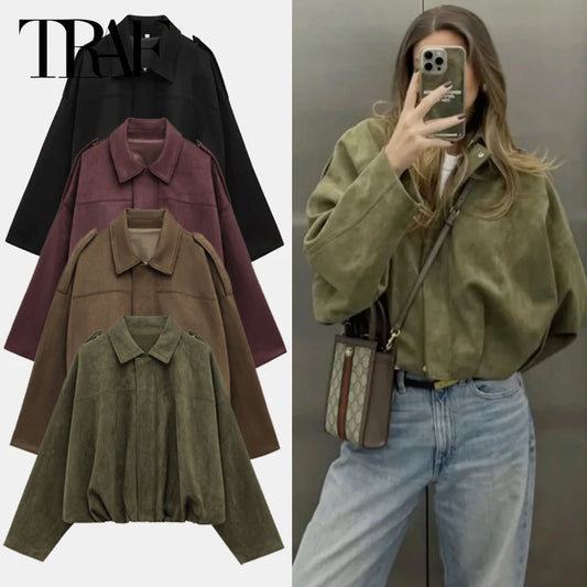 TRAF Women's Bomber Jacket Lapel Long Sleeve Zipper Suede Jacket Women 2025 High Street Cropped Racing Jackets Coats Outerwears